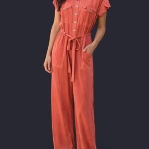 Coral Button Front Jumpsuit Belted Size M Boho